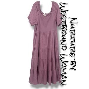 Nurture by Westbound 2X Pink Eyelet Smocked Tiered Maxi Dress Cottagecore Plus